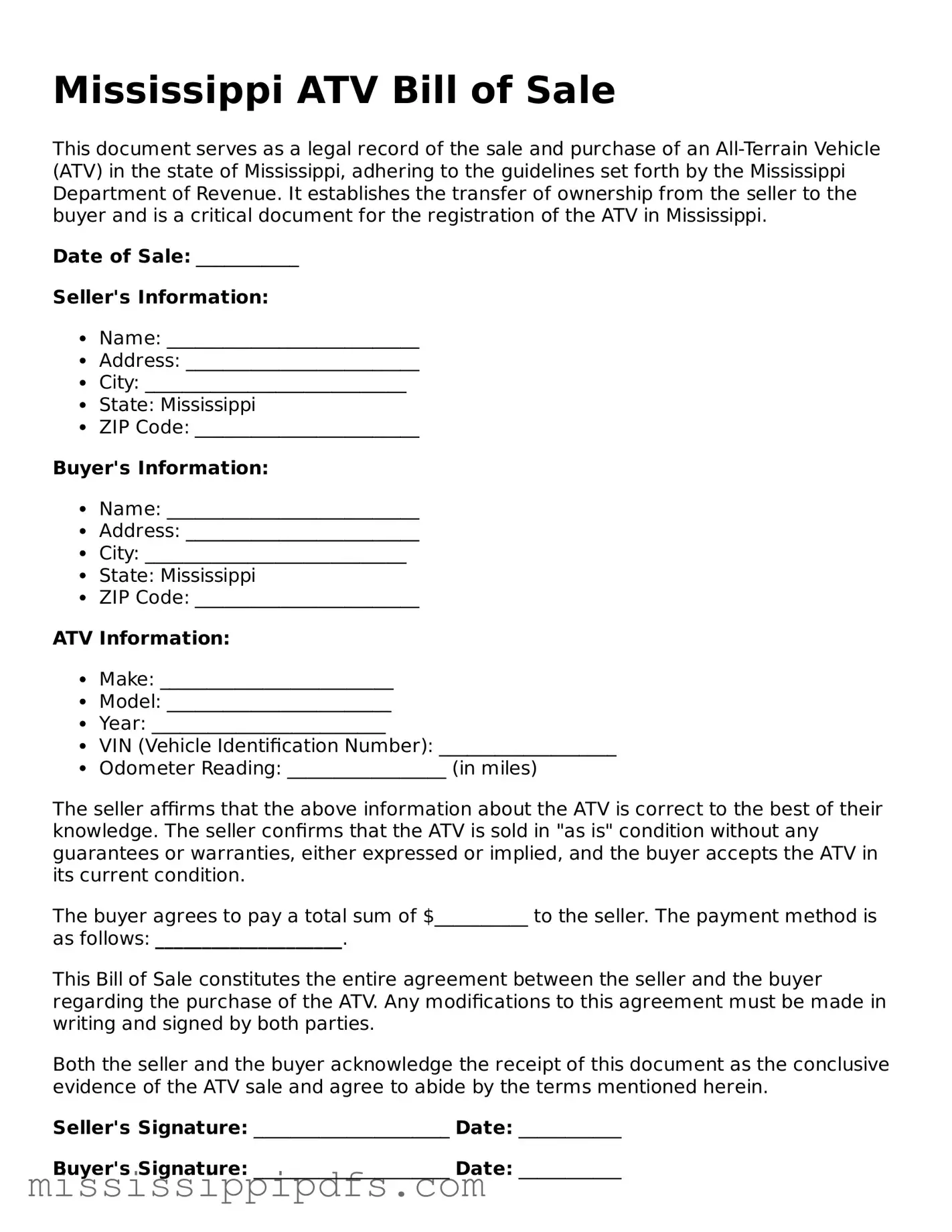 Legal ATV Bill of Sale Form for Mississippi State