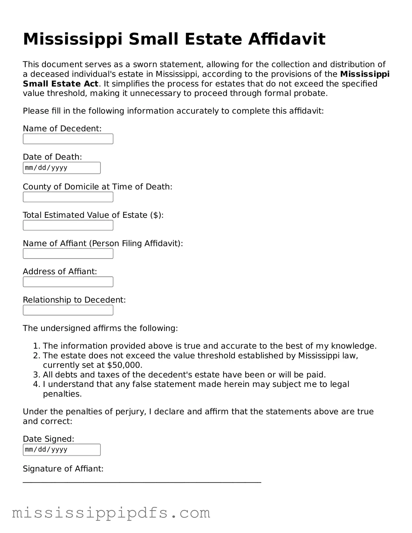 Legal Small Estate Affidavit Form for Mississippi State