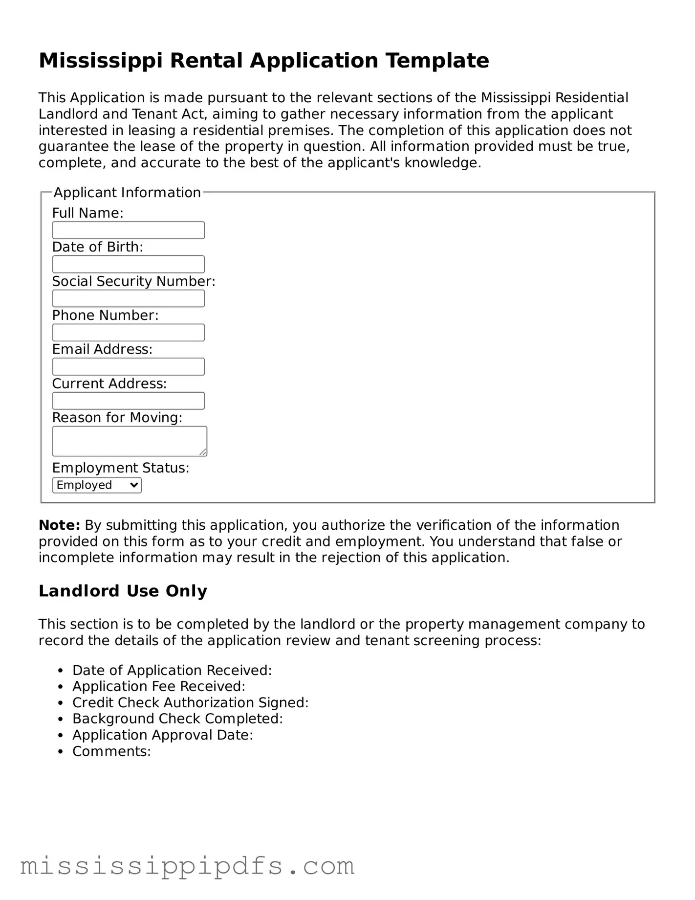 Legal Rental Application Form for Mississippi State