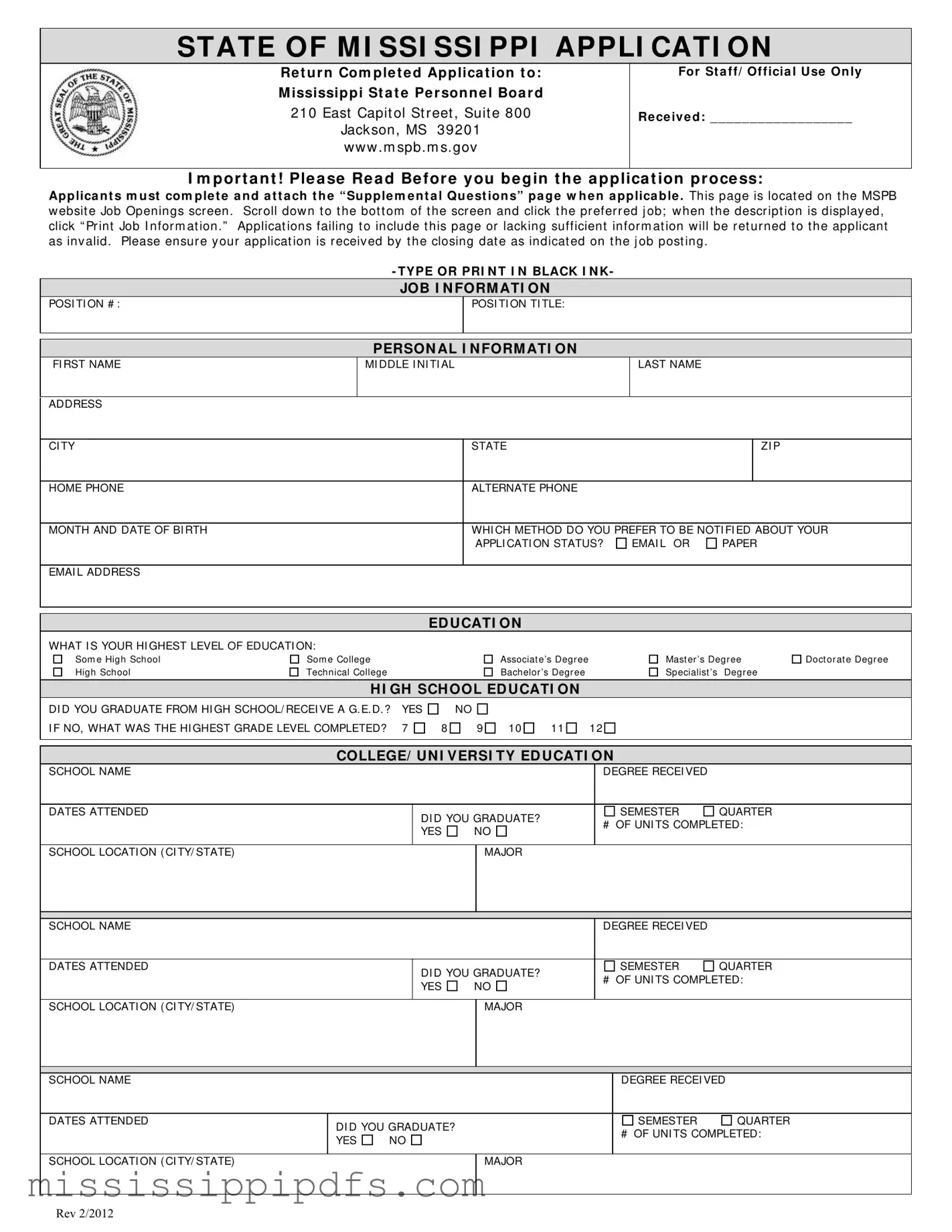 Download Mississippi Application Form