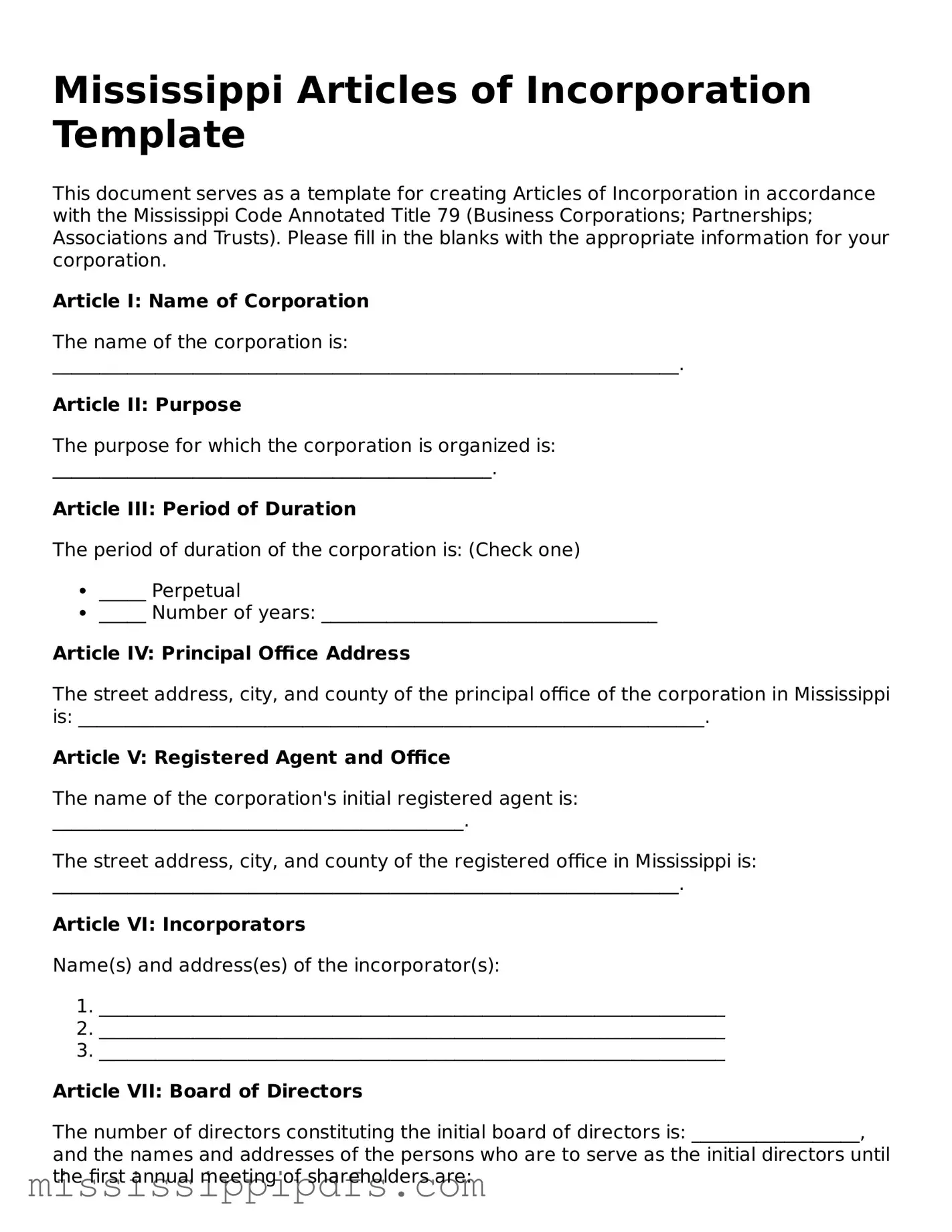 Legal Articles of Incorporation Form for Mississippi State