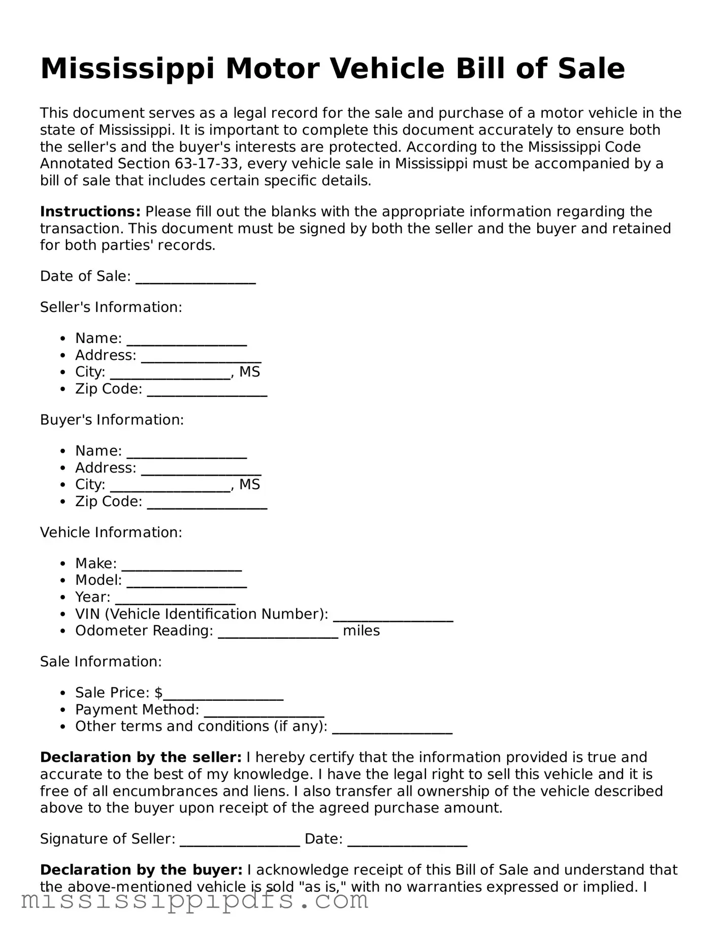 Legal Motor Vehicle Bill of Sale Form for Mississippi State