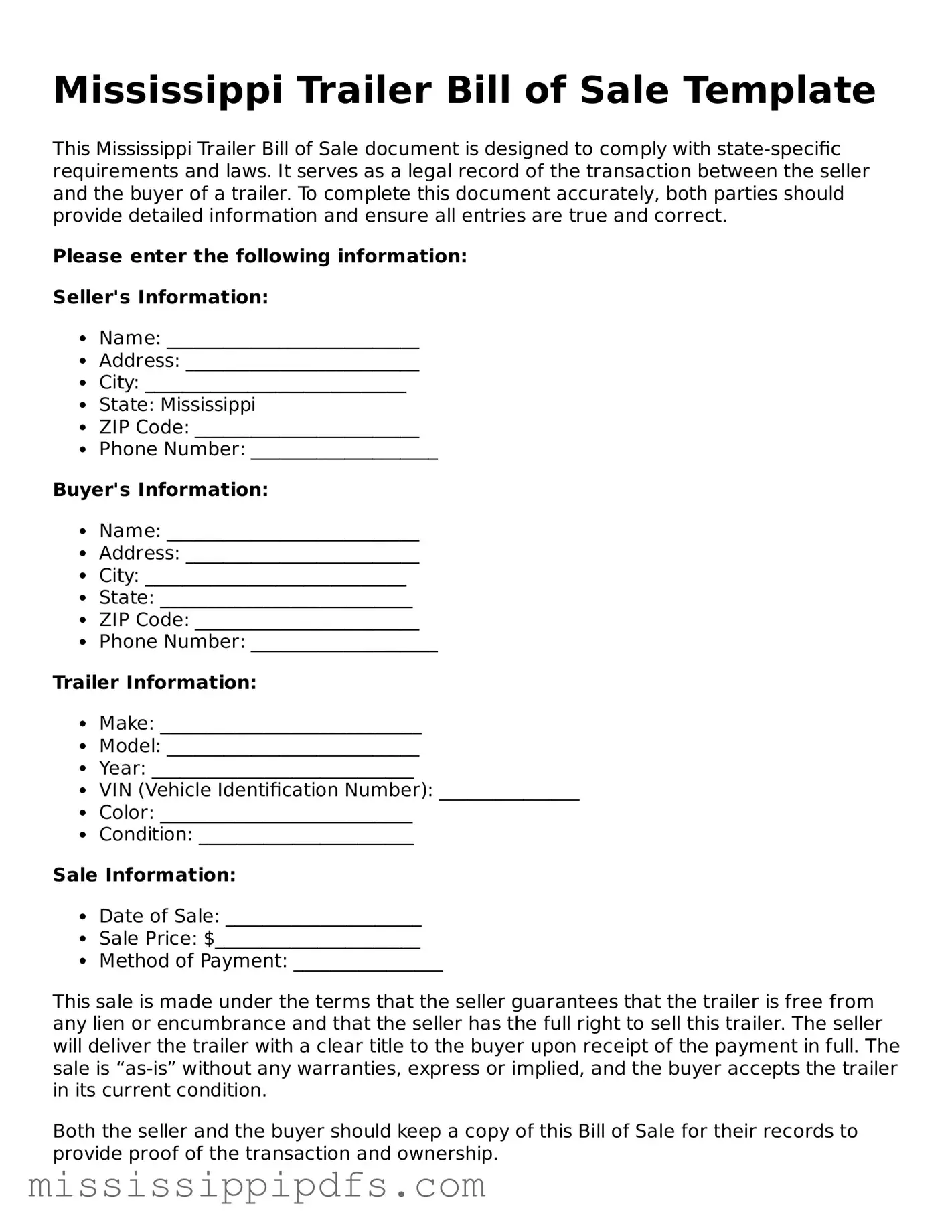 Legal Trailer Bill of Sale Form for Mississippi State