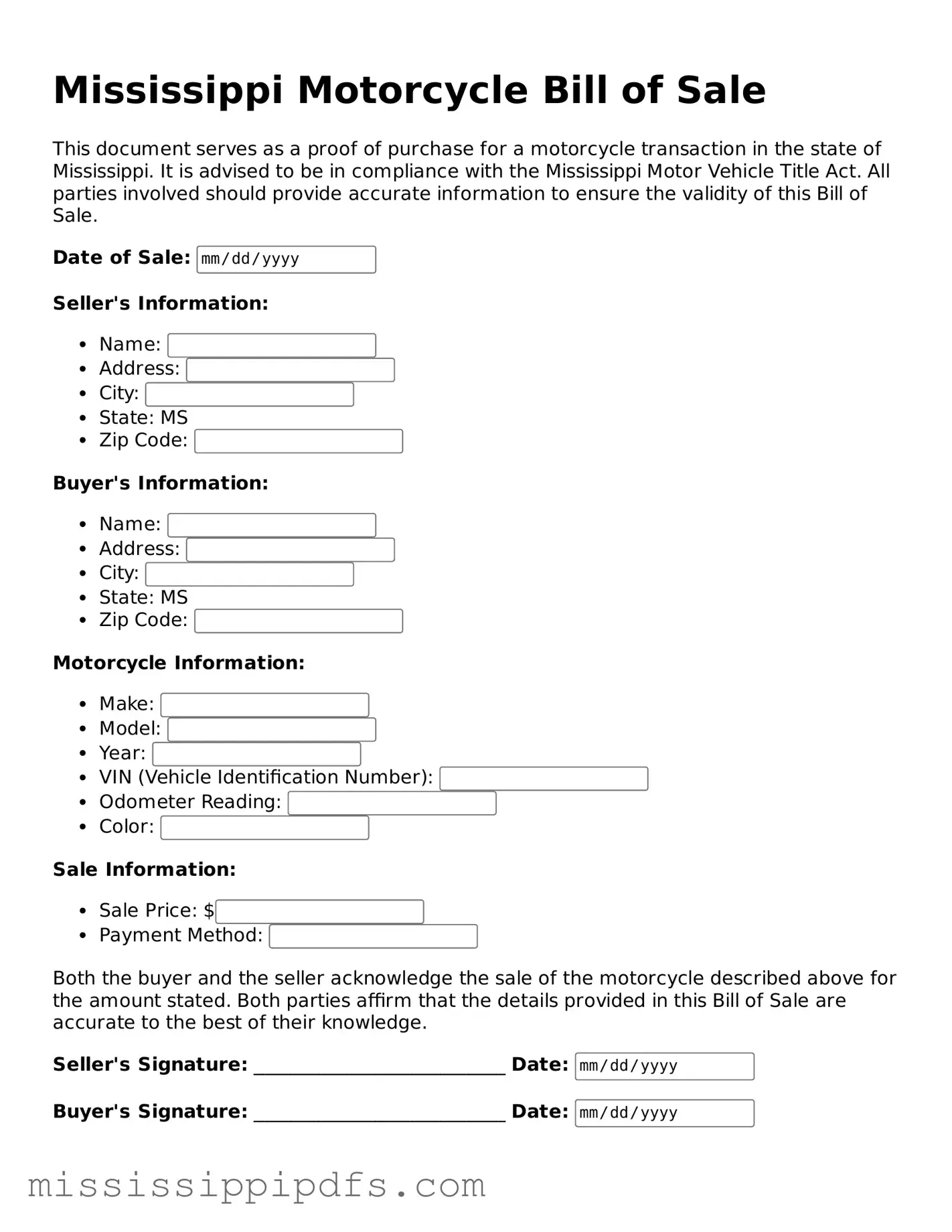 Legal Motorcycle Bill of Sale Form for Mississippi State