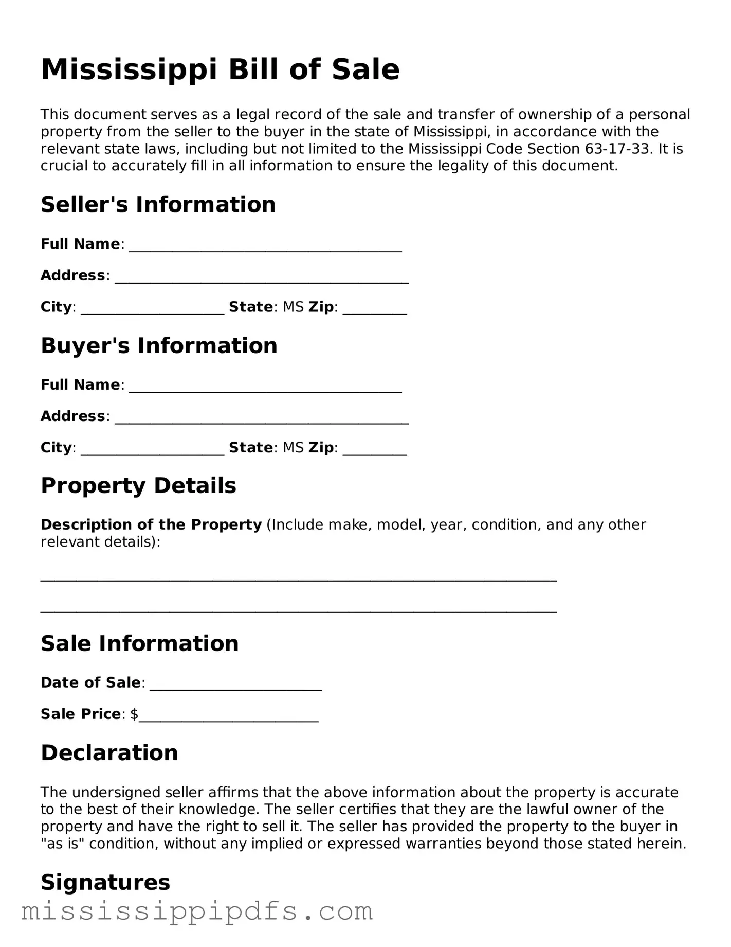 Legal Bill of Sale Form for Mississippi State