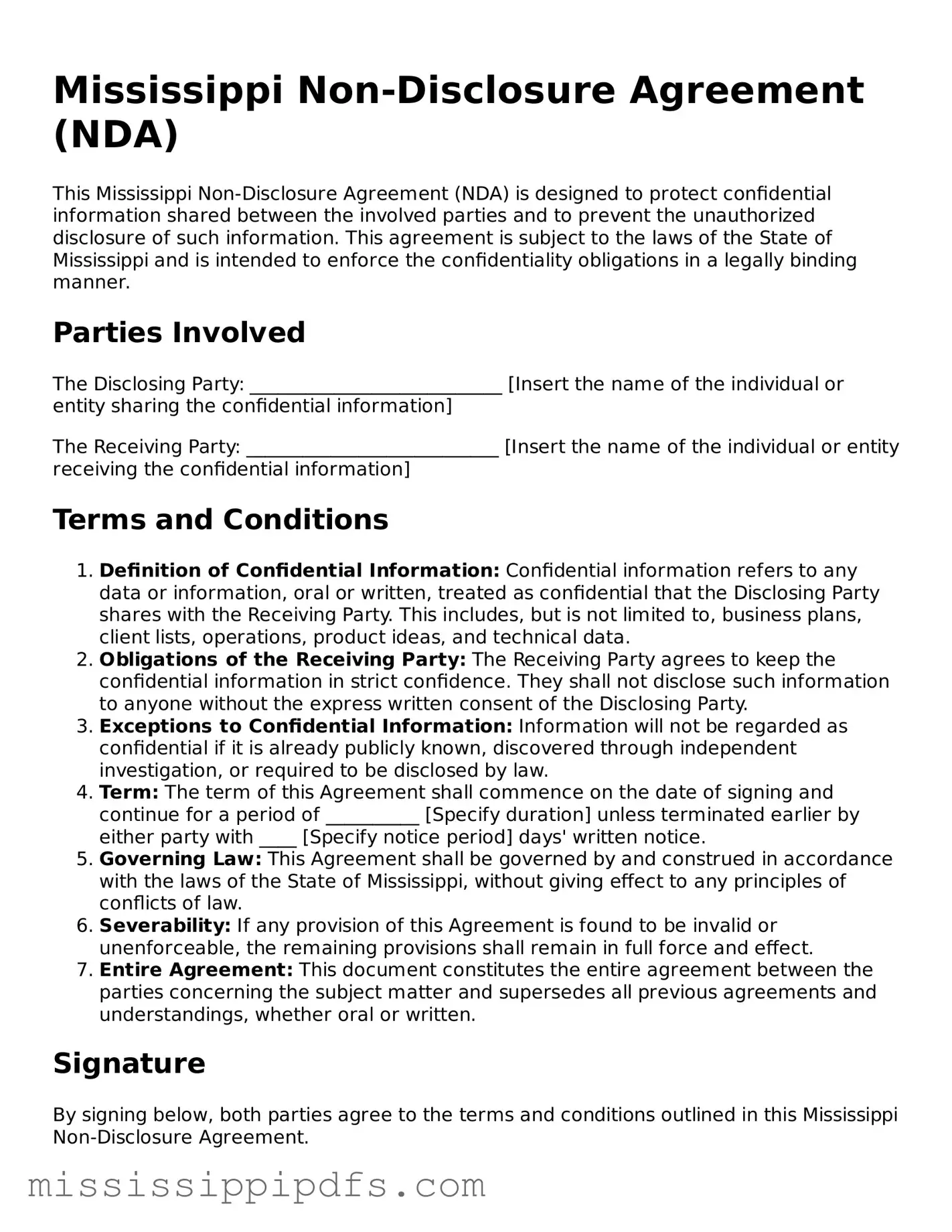 Legal Non-disclosure Agreement Form for Mississippi State