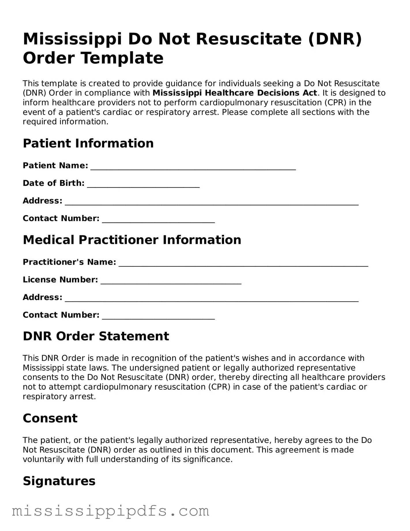 Legal Do Not Resuscitate Order Form for Mississippi State