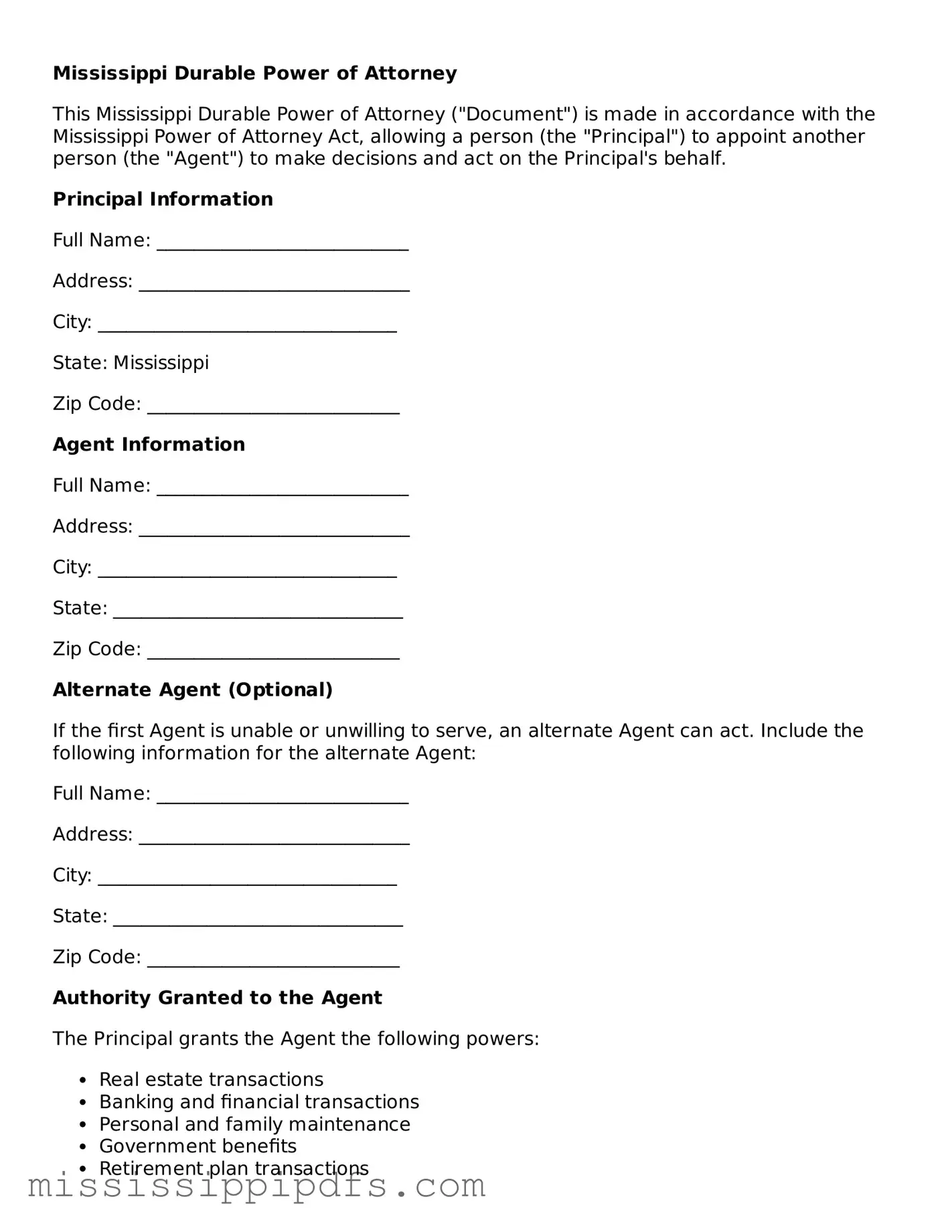 Legal Durable Power of Attorney Form for Mississippi State