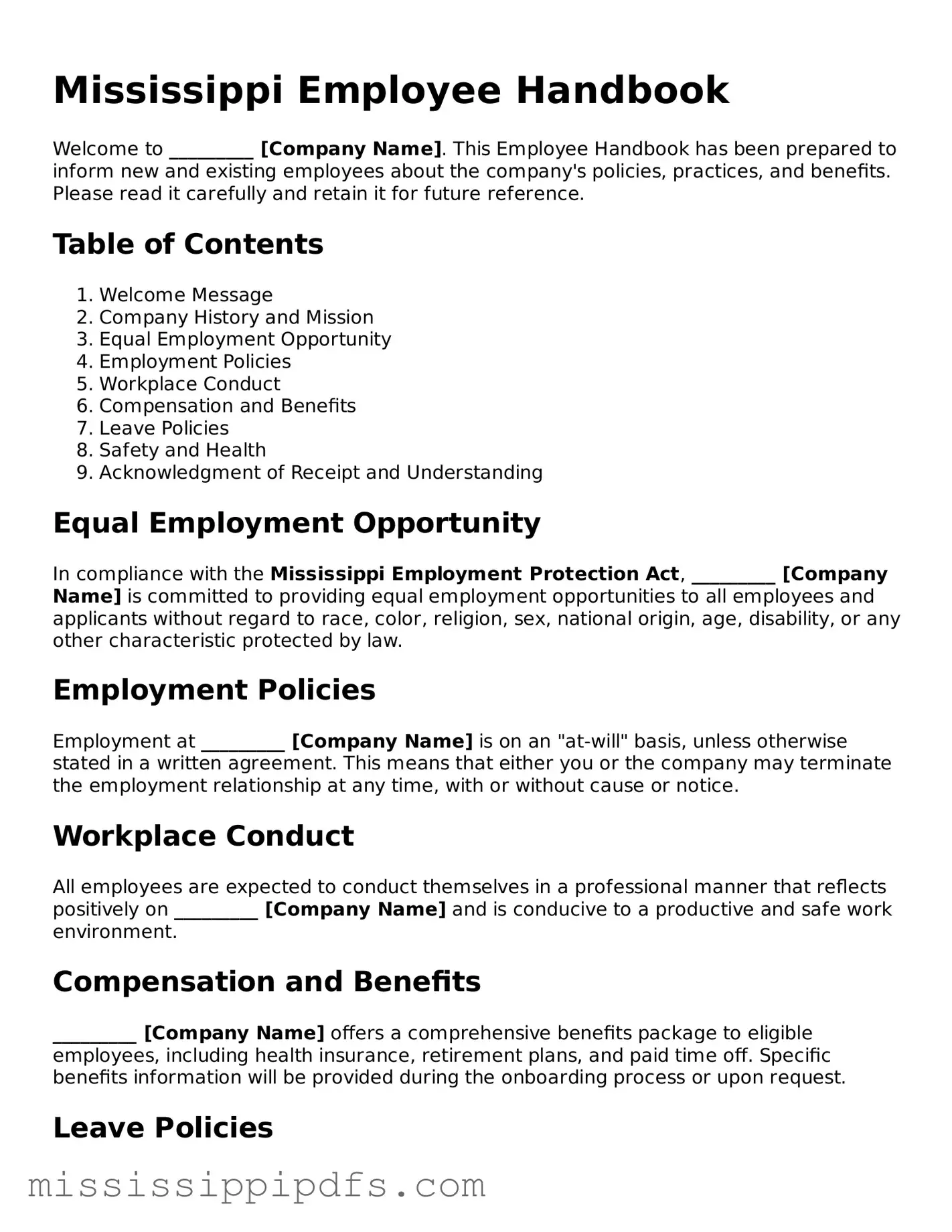 Legal Employee Handbook Form for Mississippi State