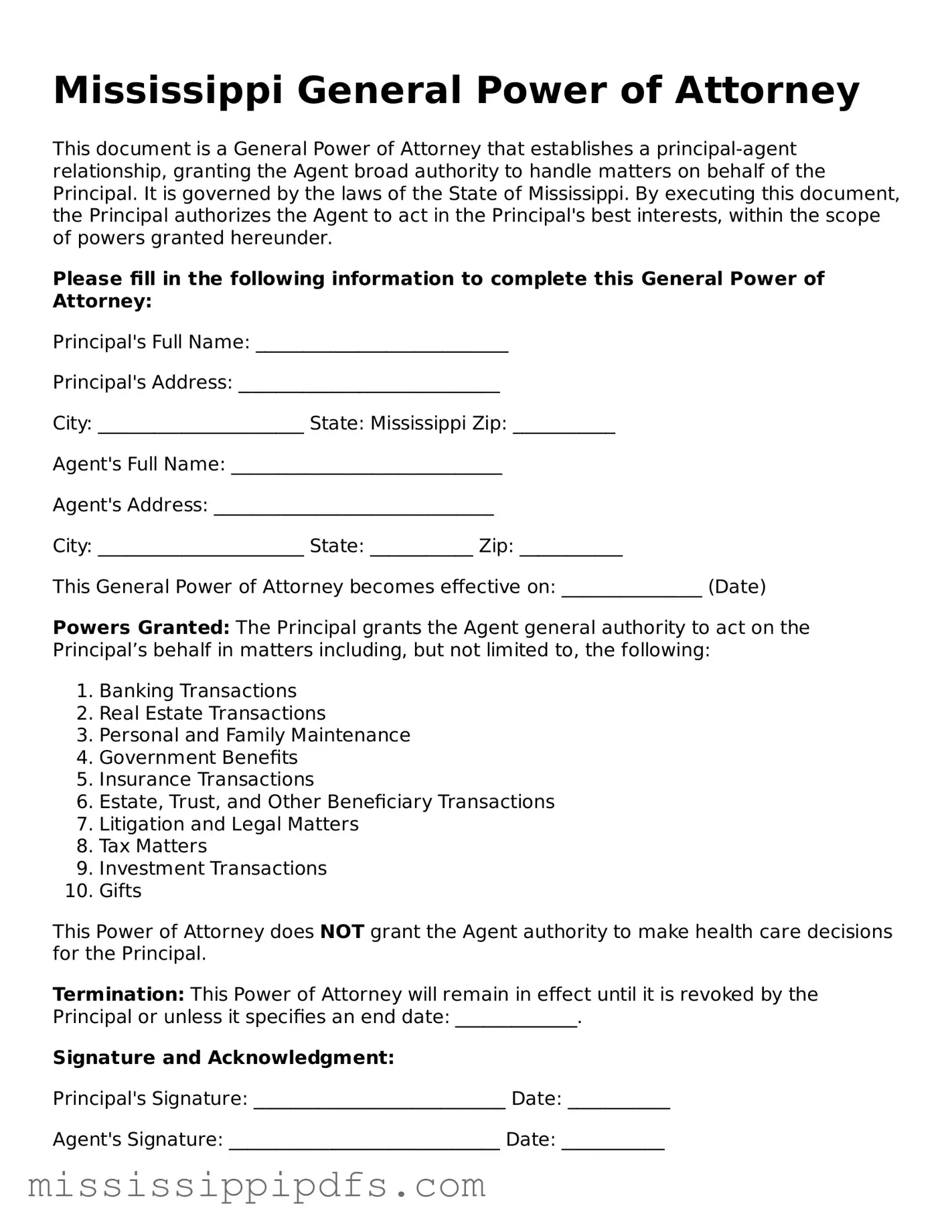 Legal General Power of Attorney Form for Mississippi State