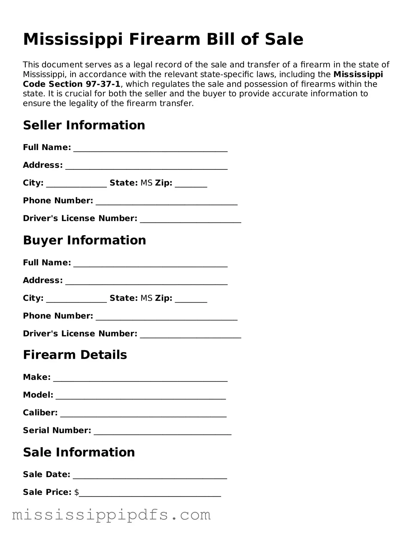 Legal Firearm Bill of Sale Form for Mississippi State