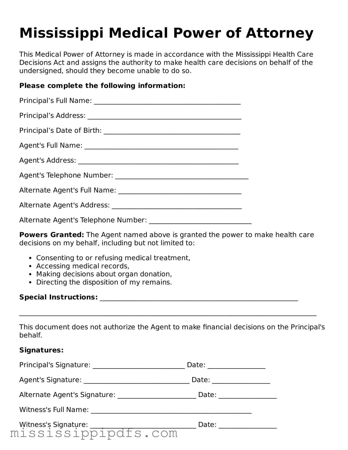Legal Medical Power of Attorney Form for Mississippi State