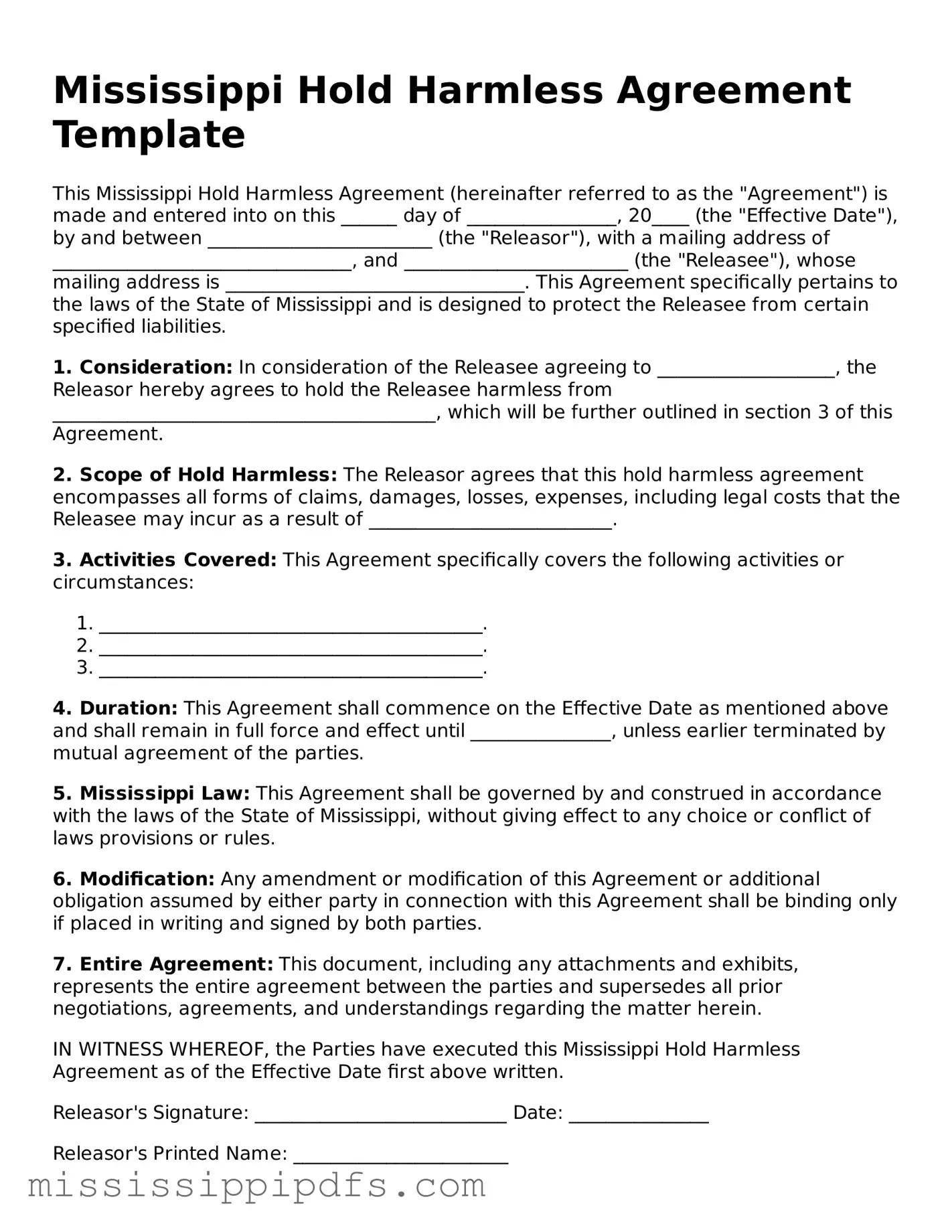 Legal Hold Harmless Agreement Form for Mississippi State
