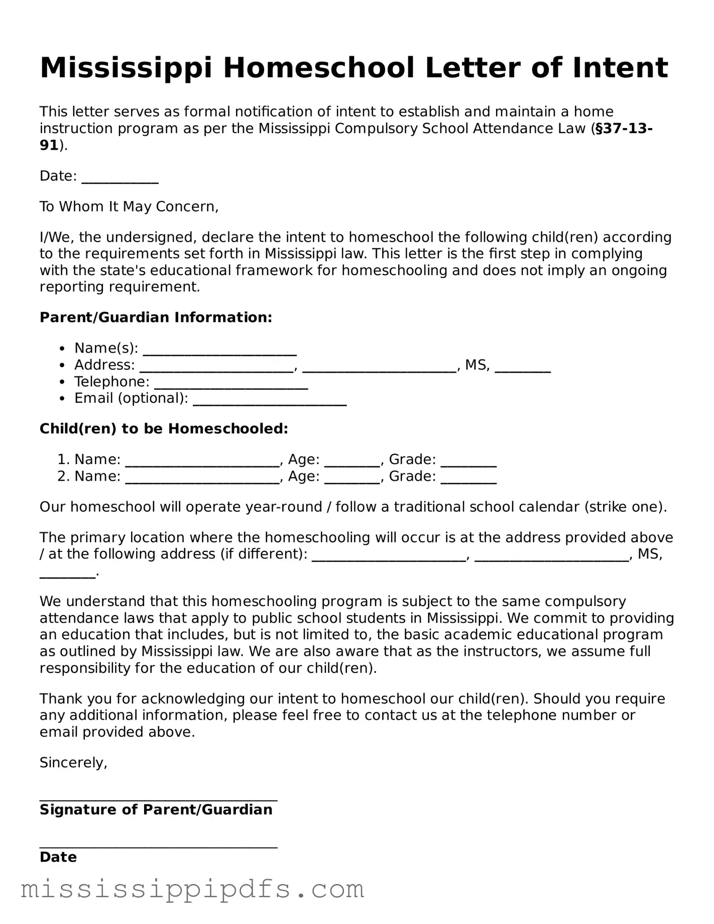 Legal Homeschool Letter of Intent Form for Mississippi State