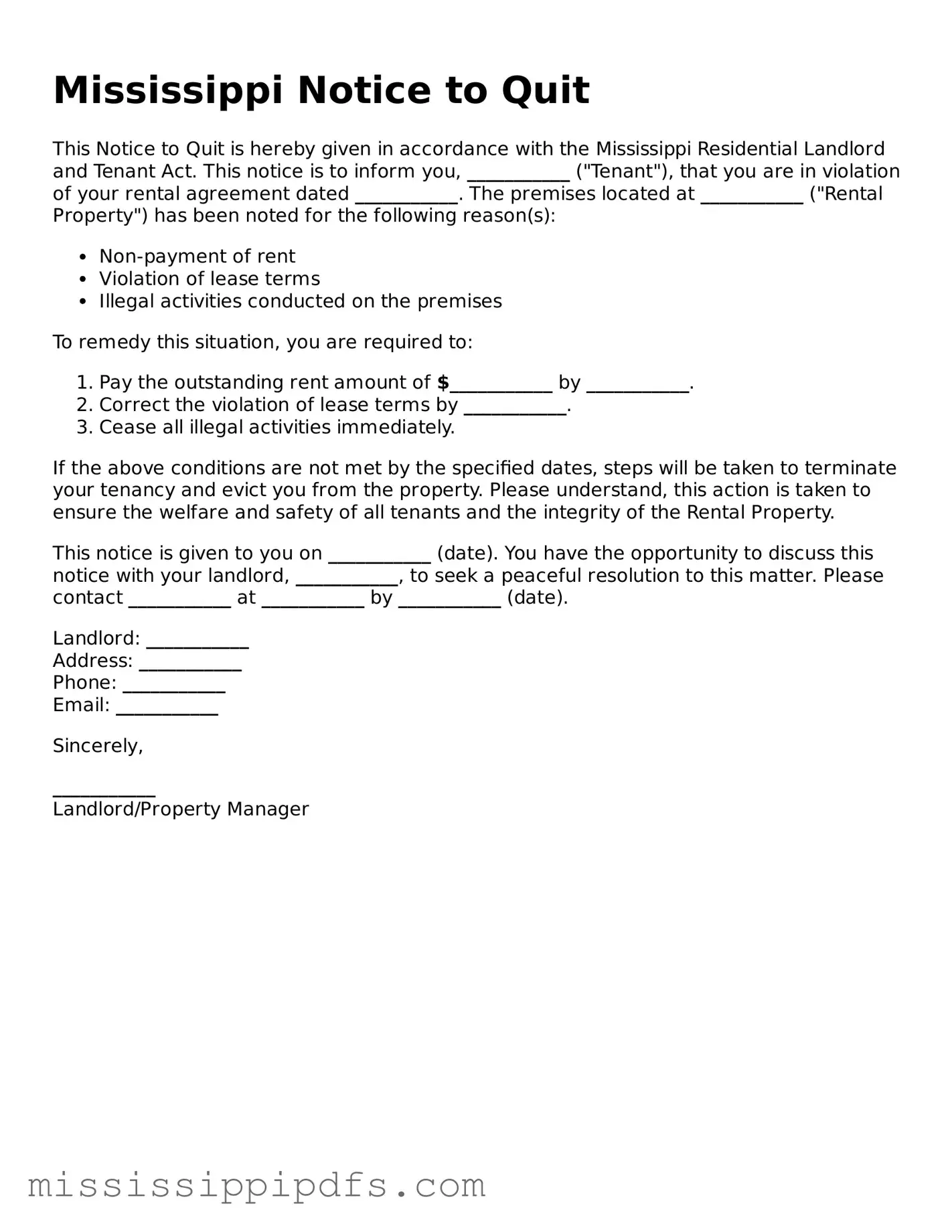 Legal Notice to Quit Form for Mississippi State
