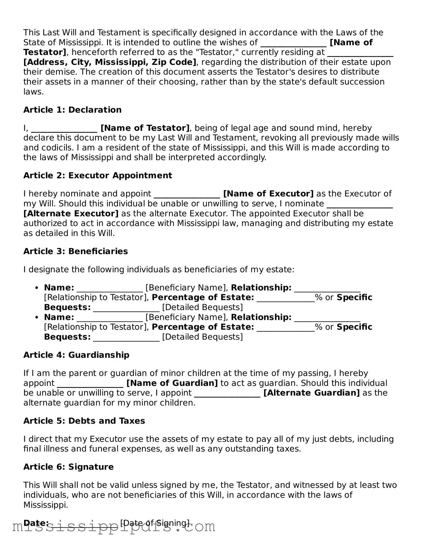 Legal Last Will and Testament Form for Mississippi State