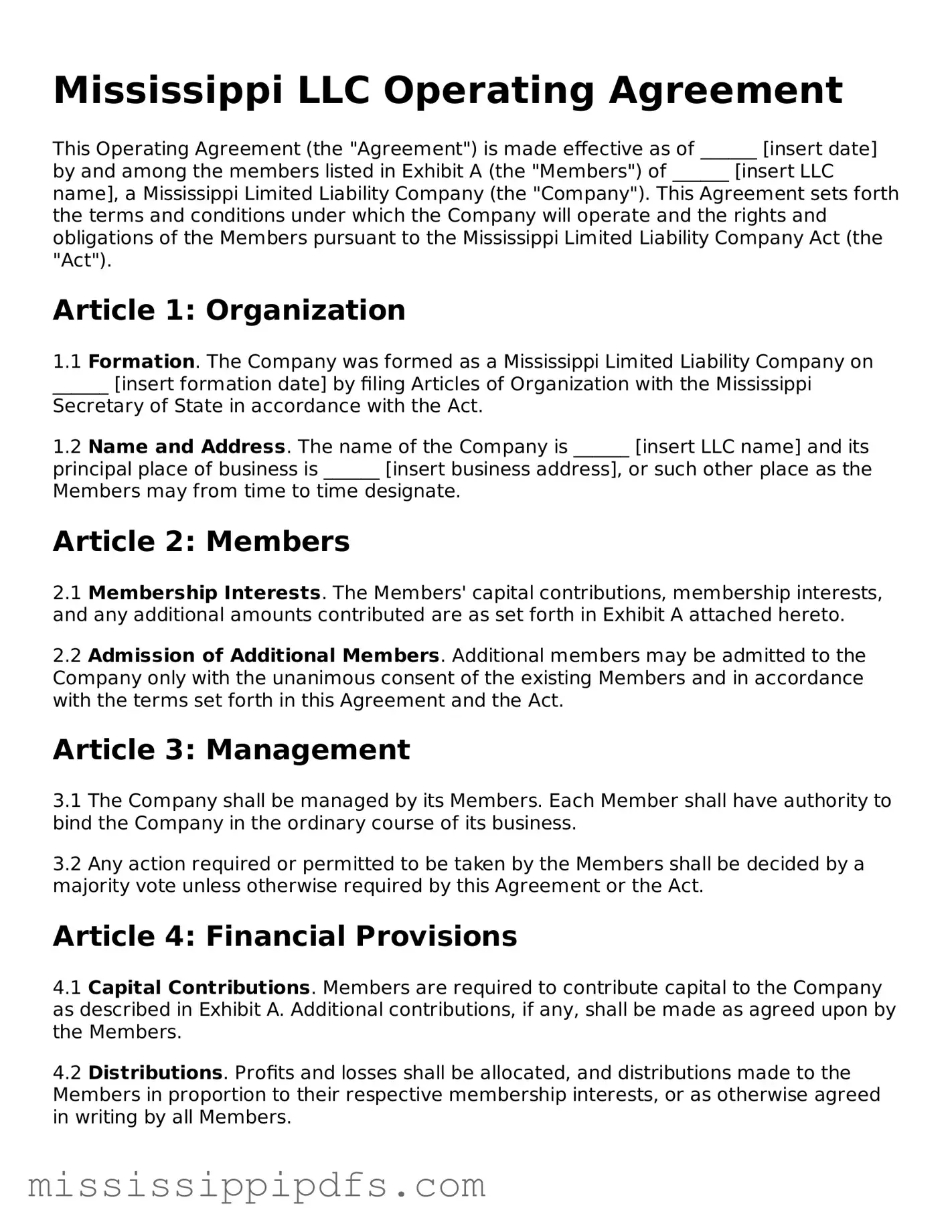Legal Operating Agreement Form for Mississippi State