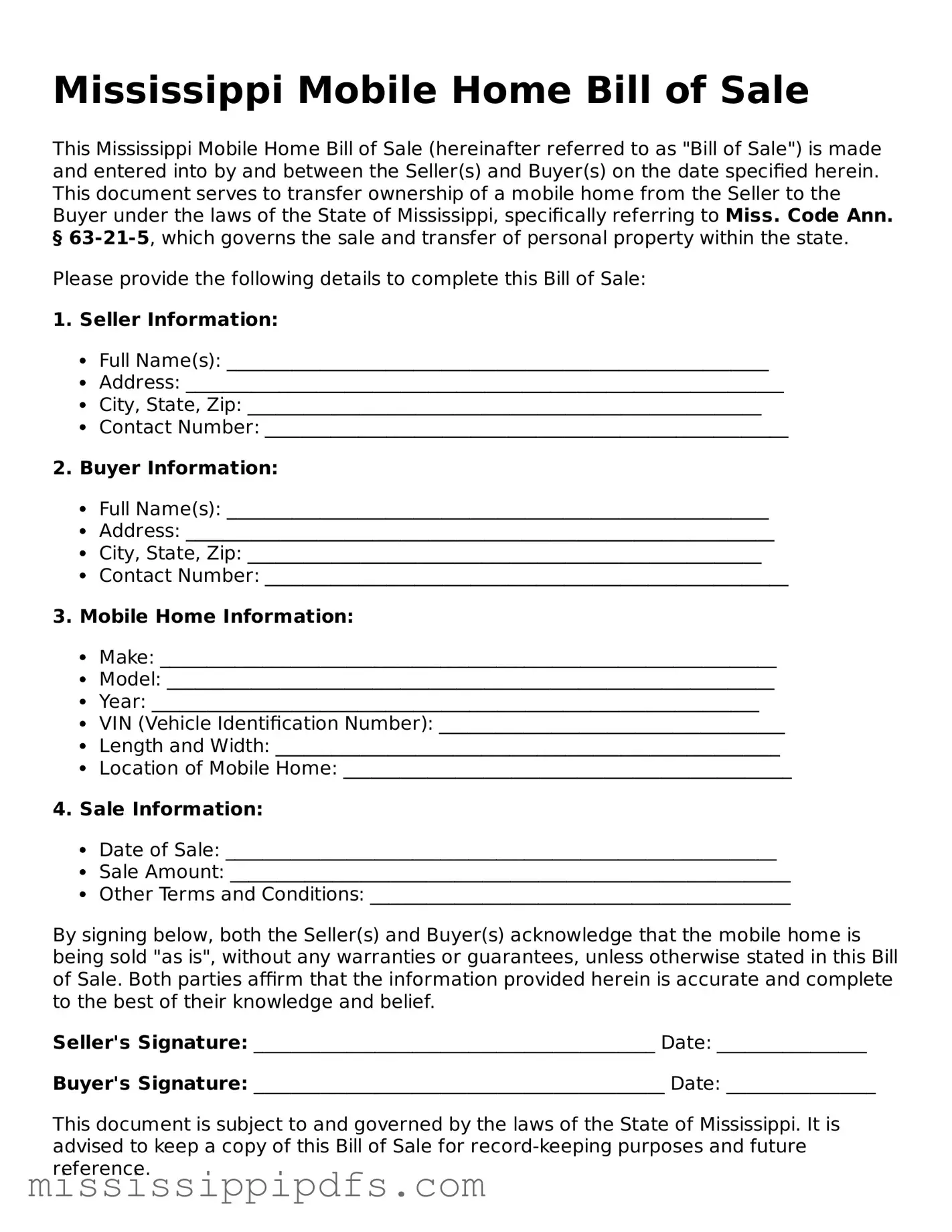 Legal Mobile Home Bill of Sale Form for Mississippi State