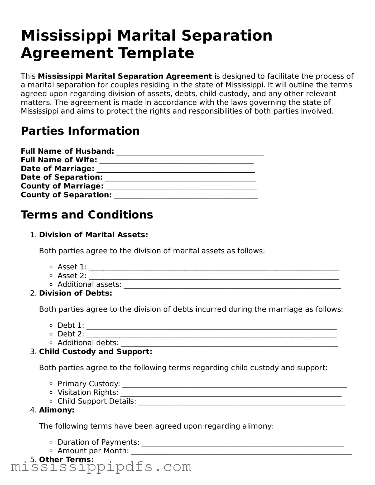 Legal Marital Separation Agreement Form for Mississippi State