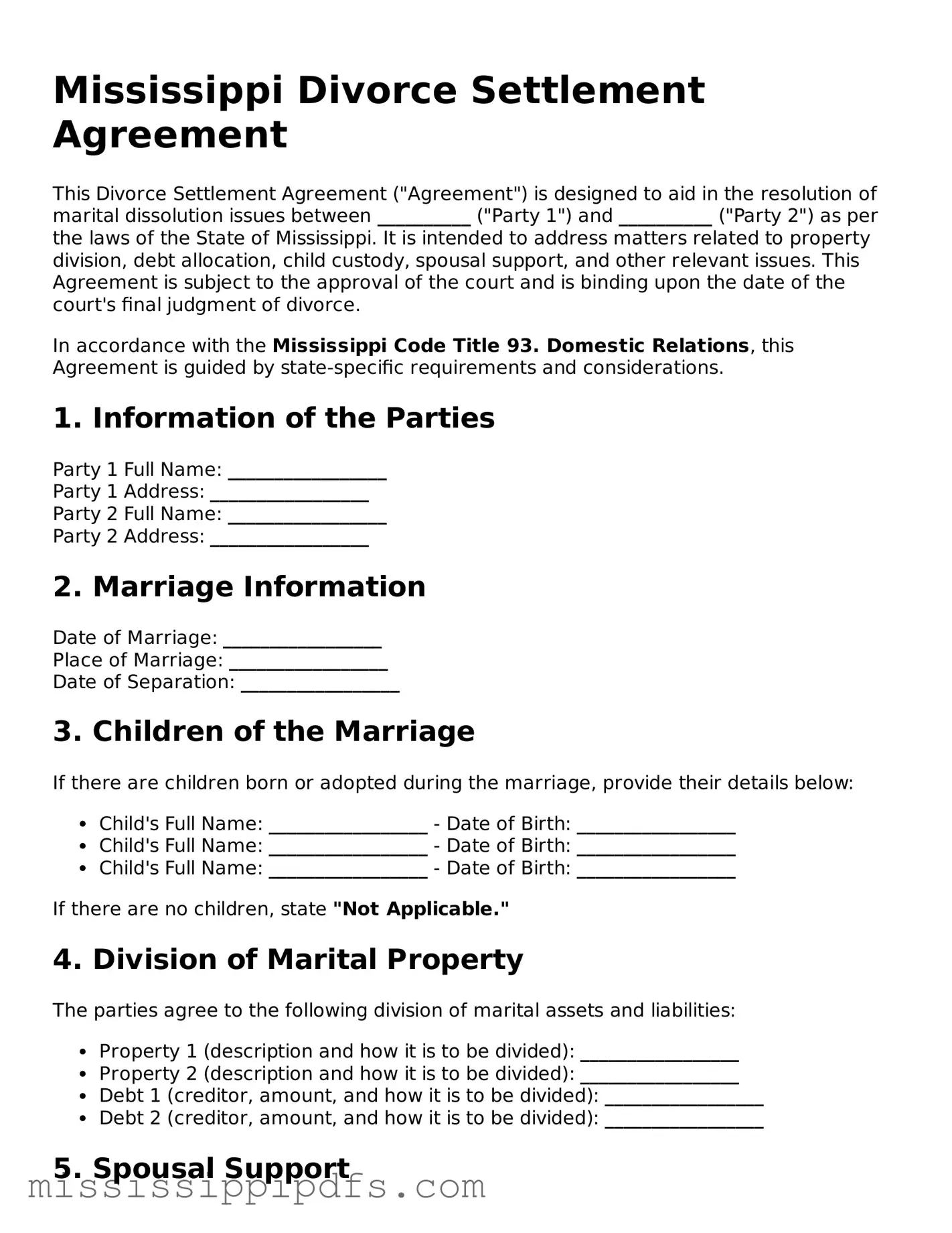 Legal Divorce Settlement Agreement Form for Mississippi State
