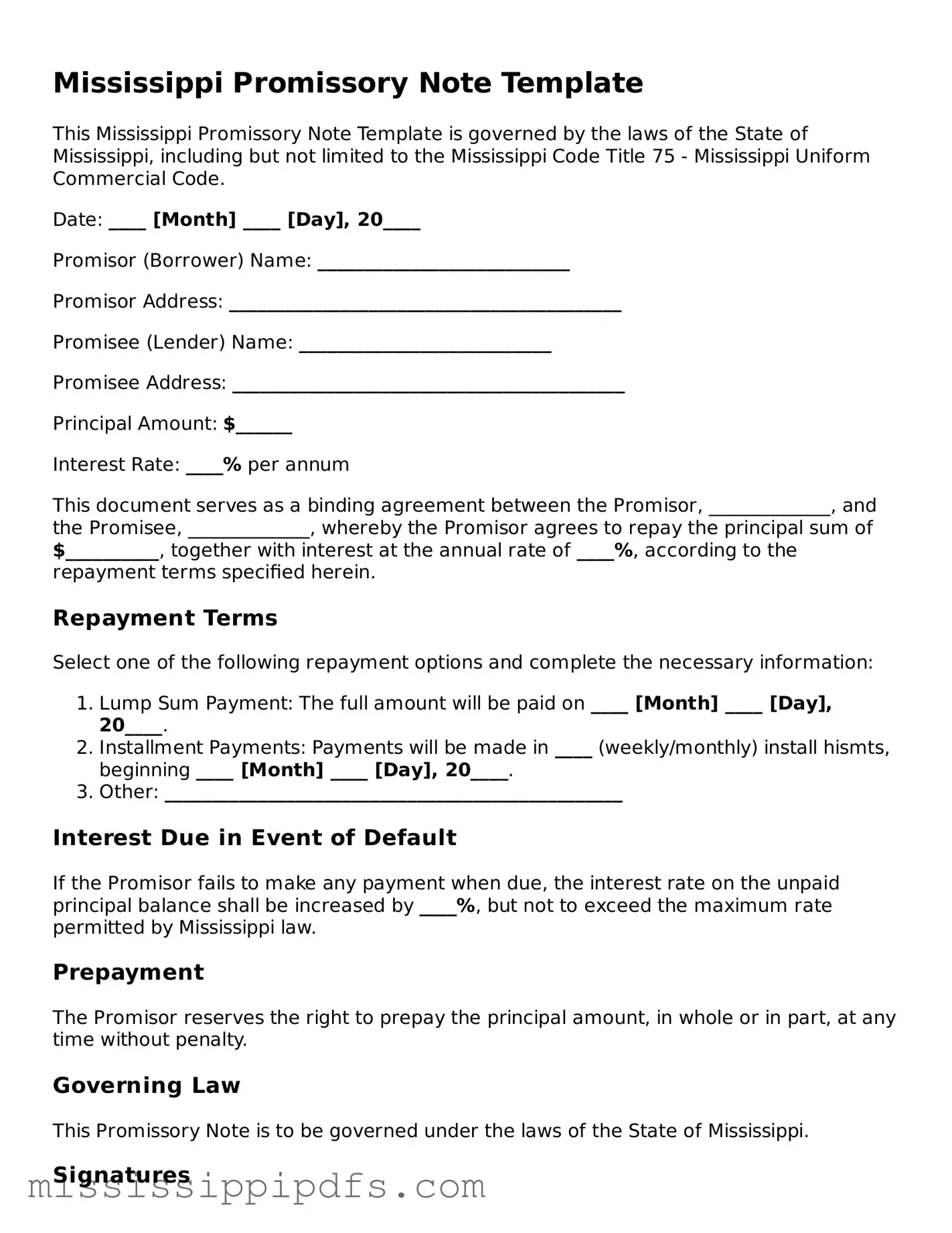 Legal Promissory Note Form for Mississippi State