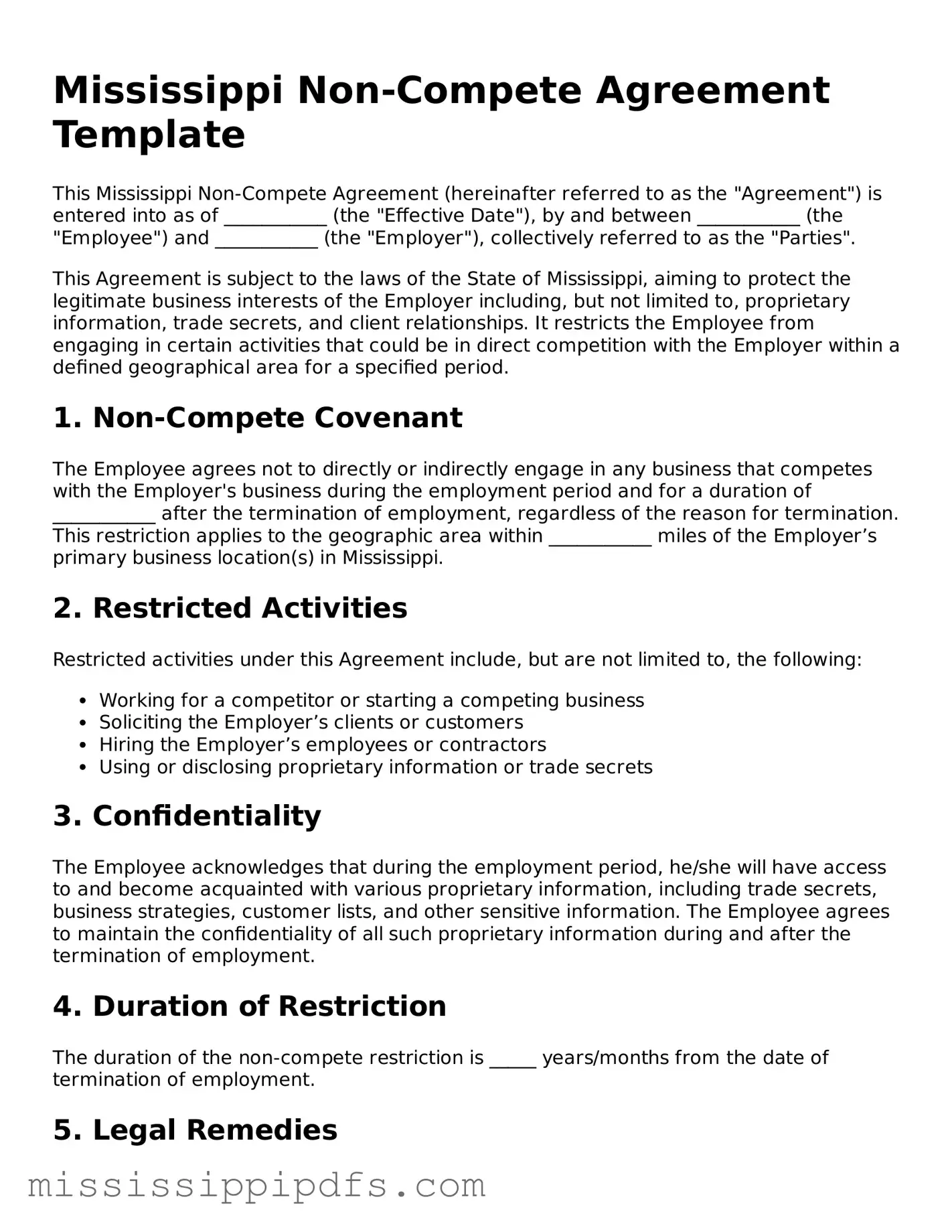 Legal Non-compete Agreement Form for Mississippi State