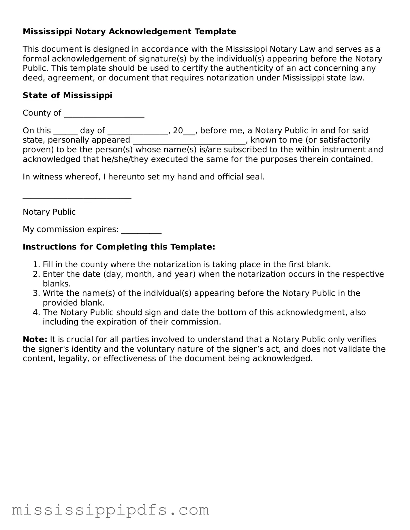 Legal Notary Acknowledgement Form for Mississippi State