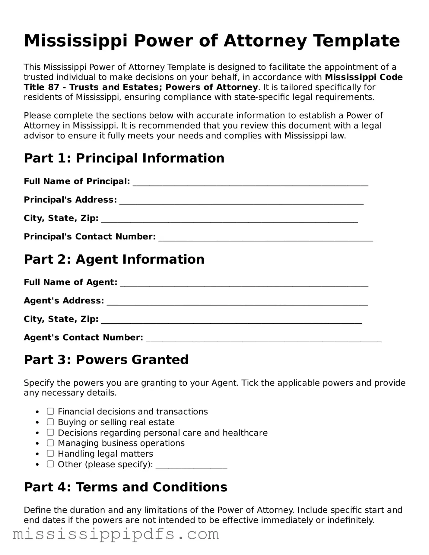 Legal Power of Attorney Form for Mississippi State