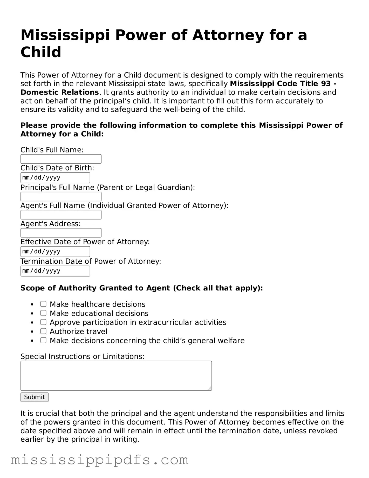 Legal Power of Attorney for a Child Form for Mississippi State