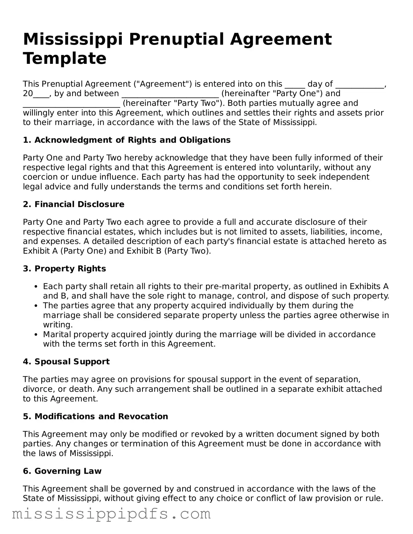 Legal Prenuptial Agreement Form for Mississippi State