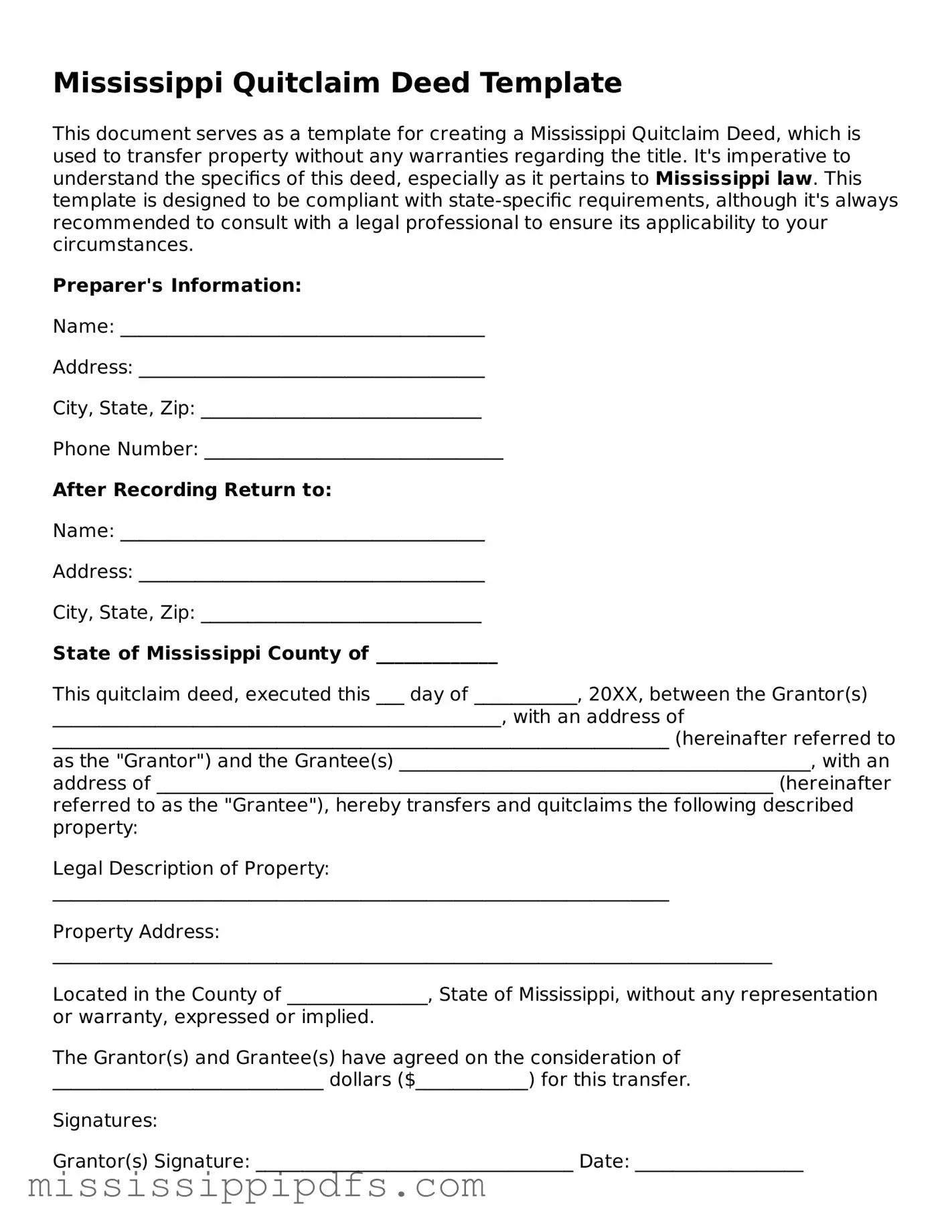 Legal Quitclaim Deed Form for Mississippi State