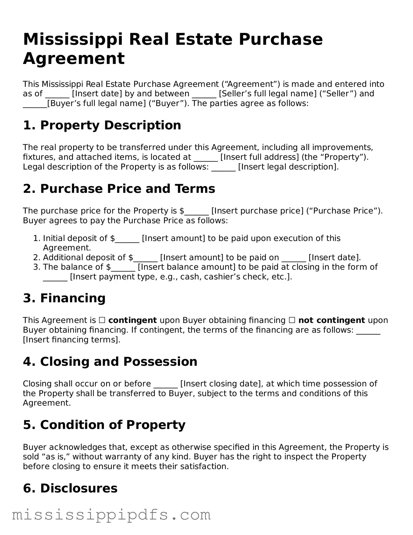 Legal Real Estate Purchase Agreement Form for Mississippi State