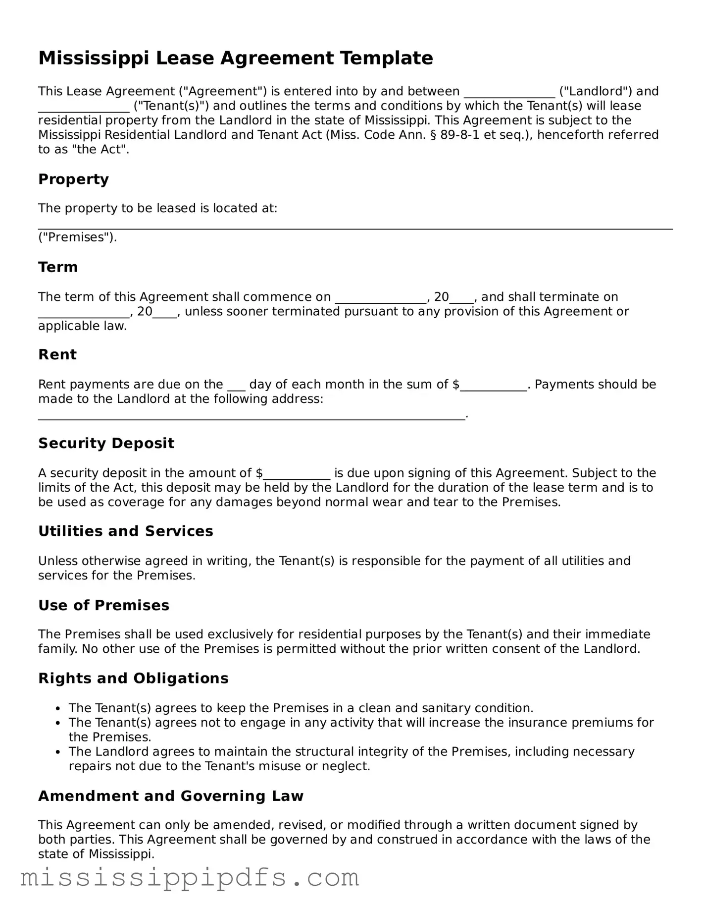 Legal Lease Agreement Form for Mississippi State