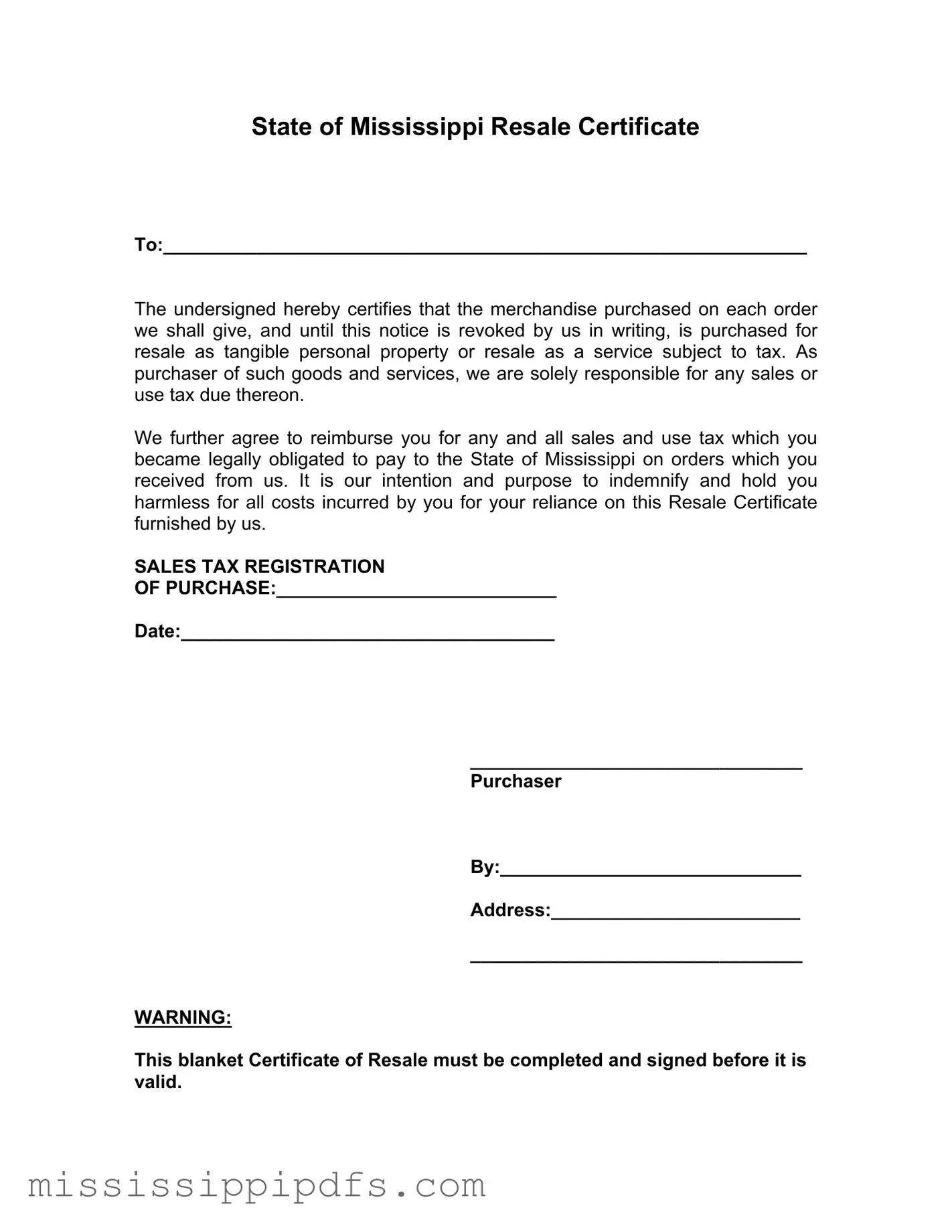 Download Mississippi Resale Certificate Form