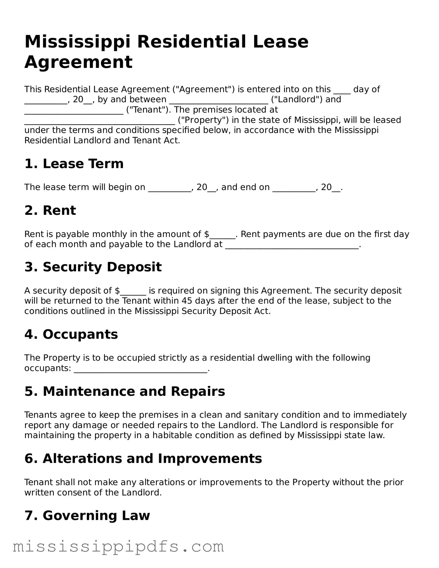 Legal Residential Lease Agreement Form for Mississippi State