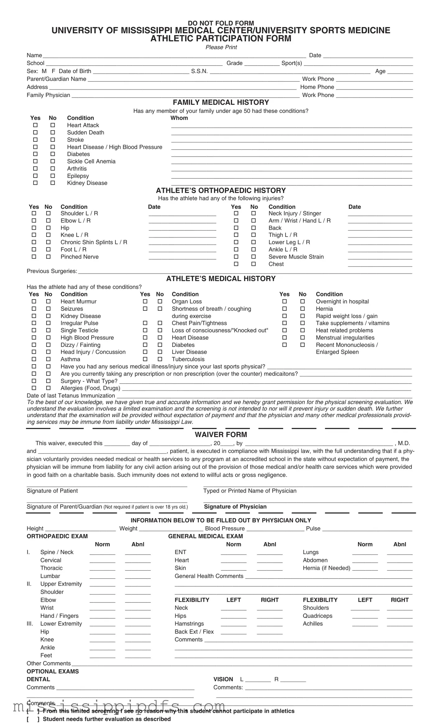 Download Mississippi Sports Medicine Athletics Physical Form