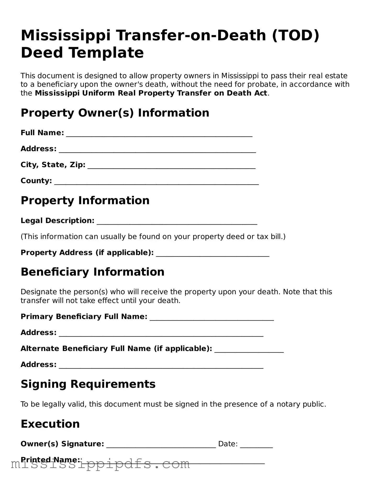 Legal Transfer-on-Death Deed Form for Mississippi State