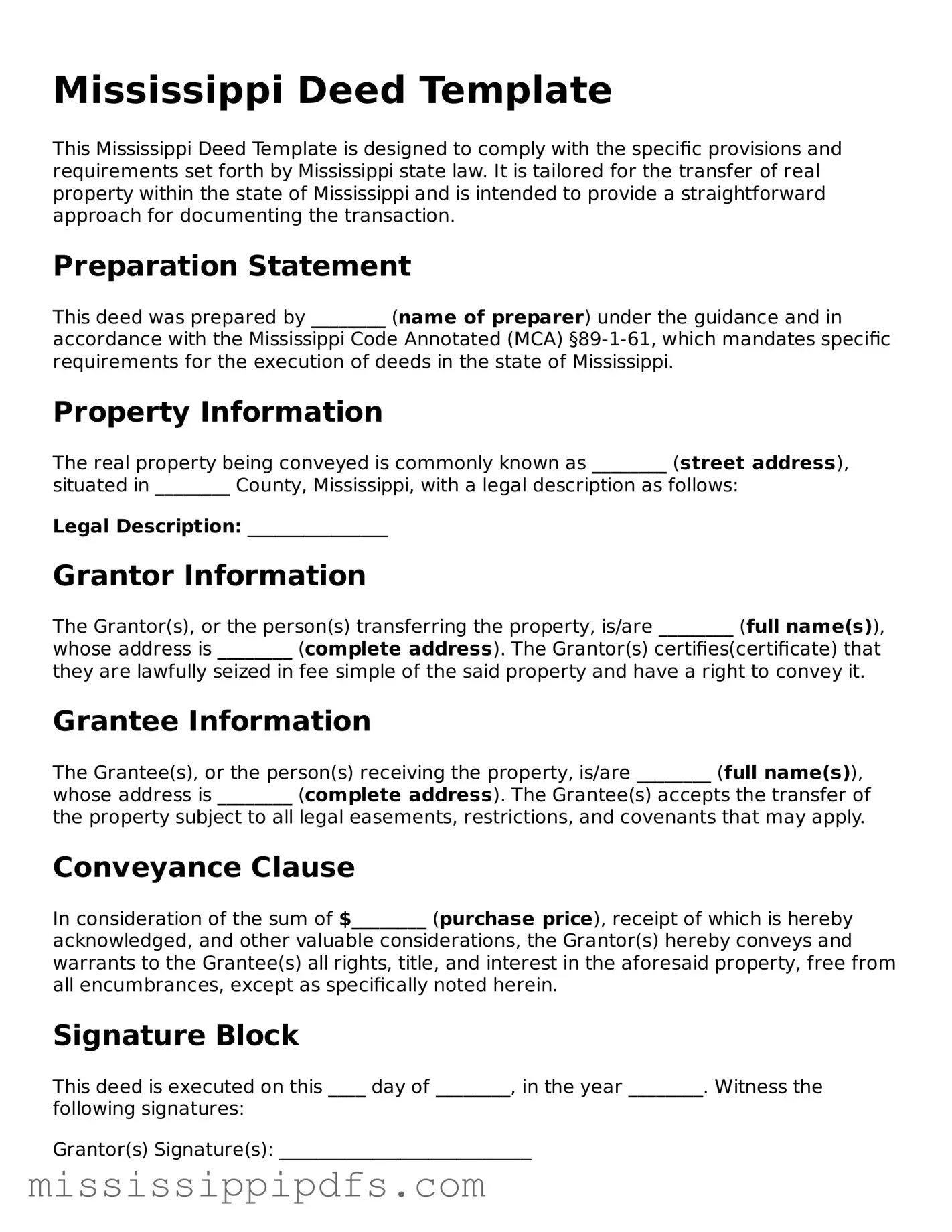 Legal Deed Form for Mississippi State