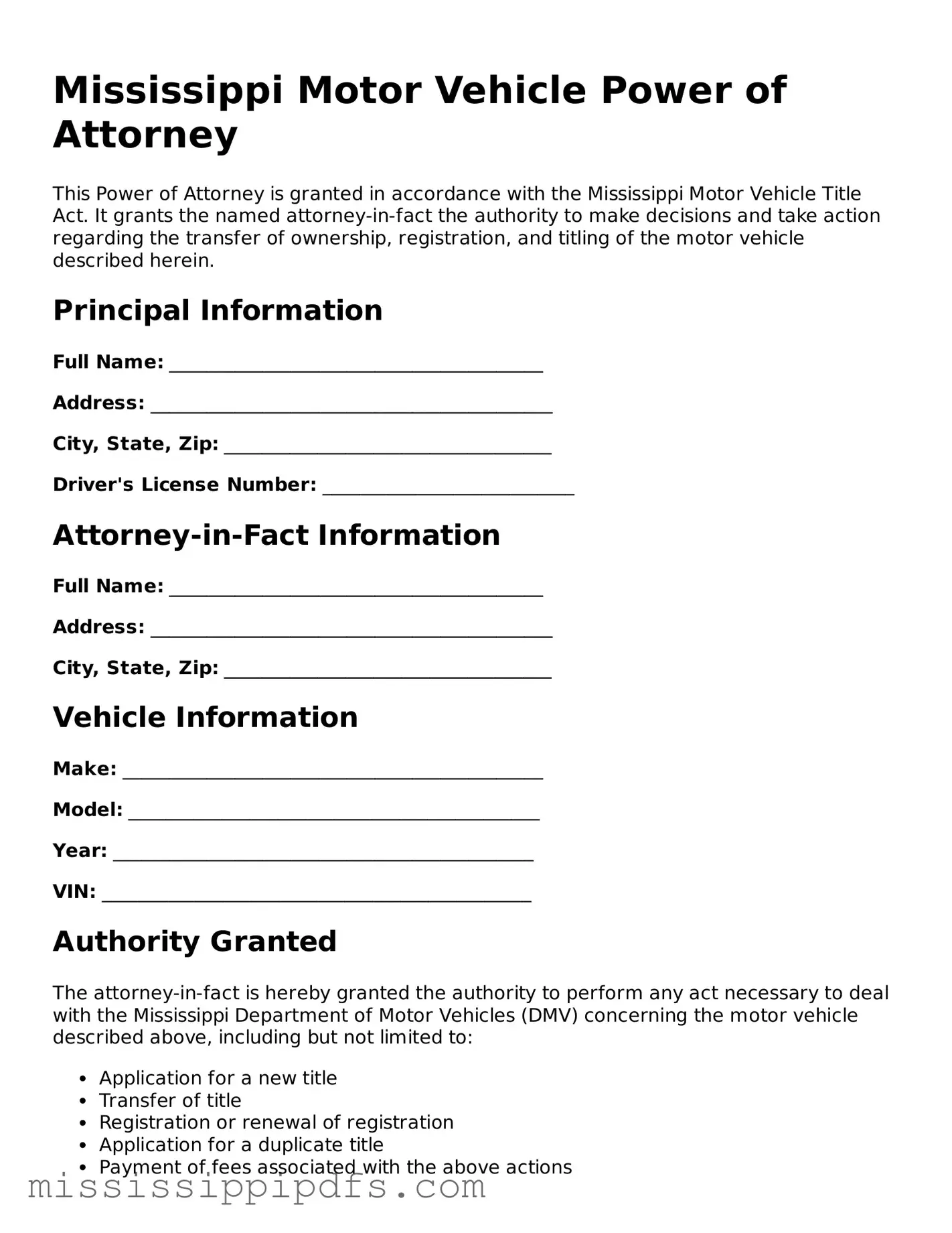 Legal Motor Vehicle Power of Attorney Form for Mississippi State