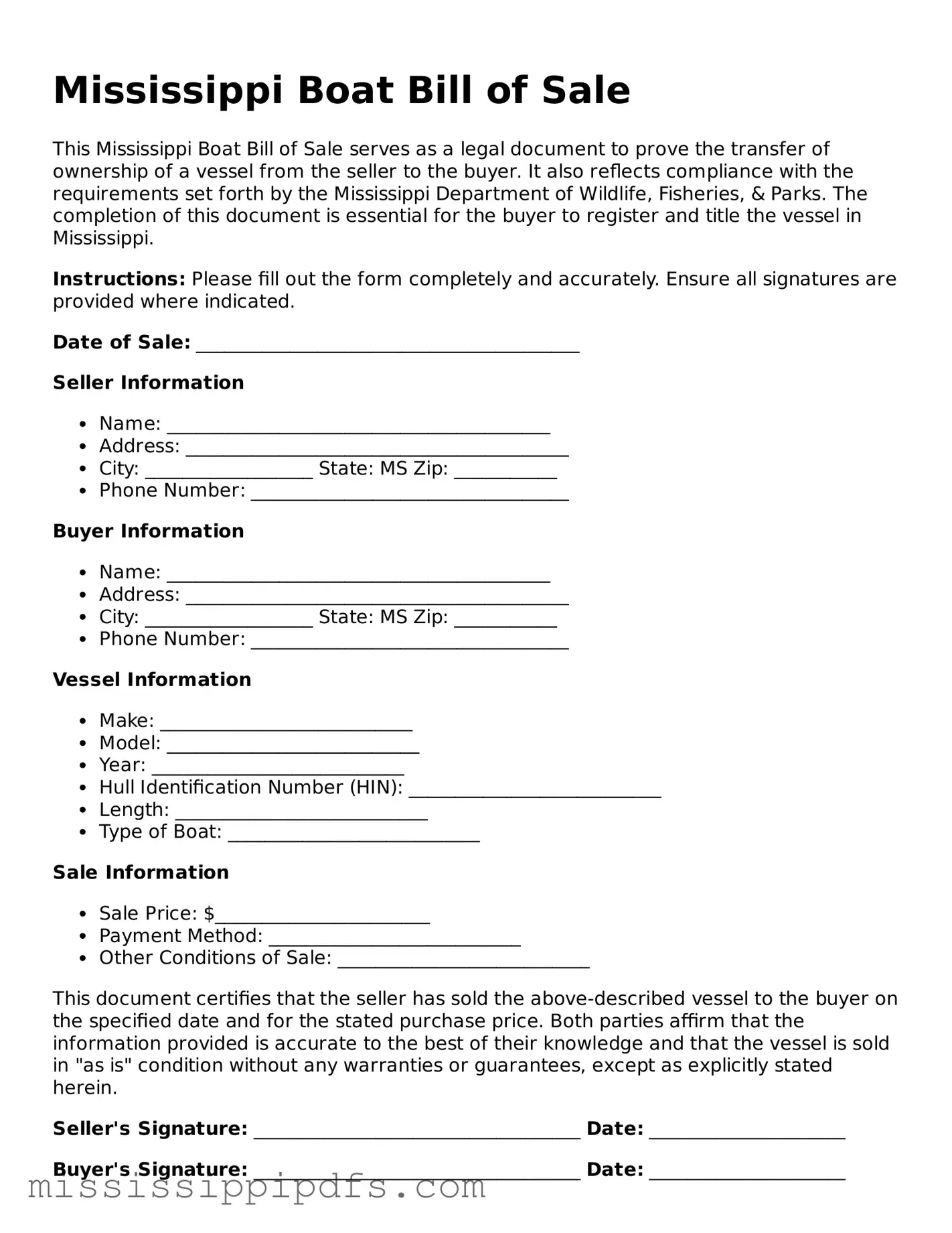 Legal Boat Bill of Sale Form for Mississippi State