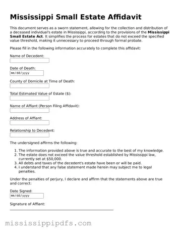 Legal Small Estate Affidavit Form for Mississippi State