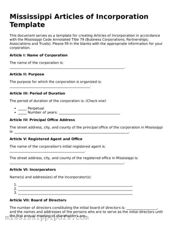 Legal Articles of Incorporation Form for Mississippi State
