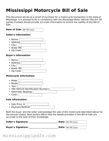 Legal Motorcycle Bill of Sale Form for Mississippi State