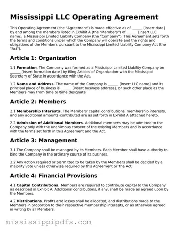 Legal Operating Agreement Form for Mississippi State