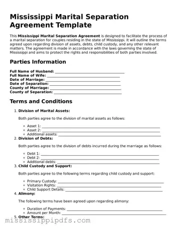 Legal Marital Separation Agreement Form for Mississippi State