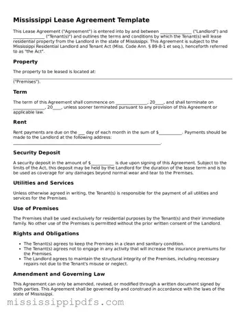 Legal Lease Agreement Form for Mississippi State